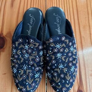 Free People Black and Gold Embroidered Floral Mules
